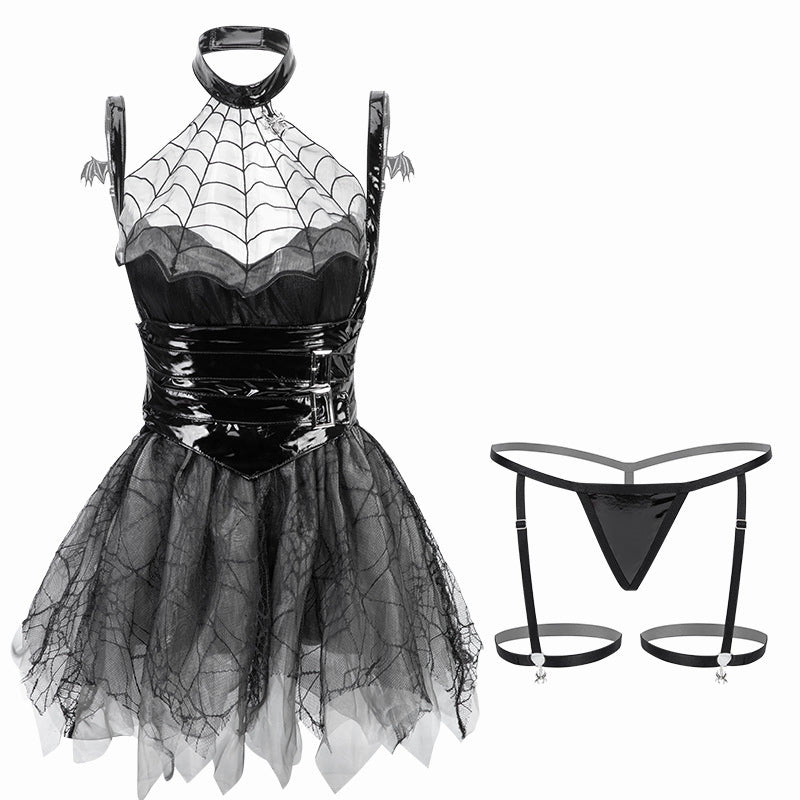 See-through Soft Yarn Spider Little Devil Patent Leather Girdle Uniform Suit