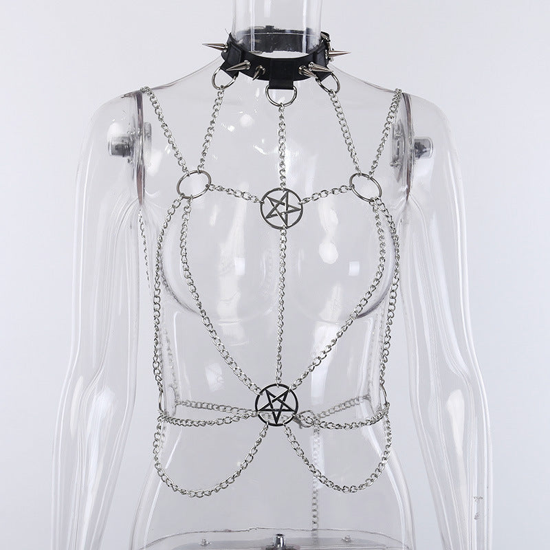 Chain Five Star Gothic Sexy Binding Harness & Collar