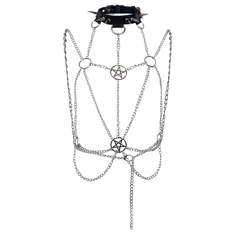 Chain Five Star Gothic Sexy Binding Harness & Collar