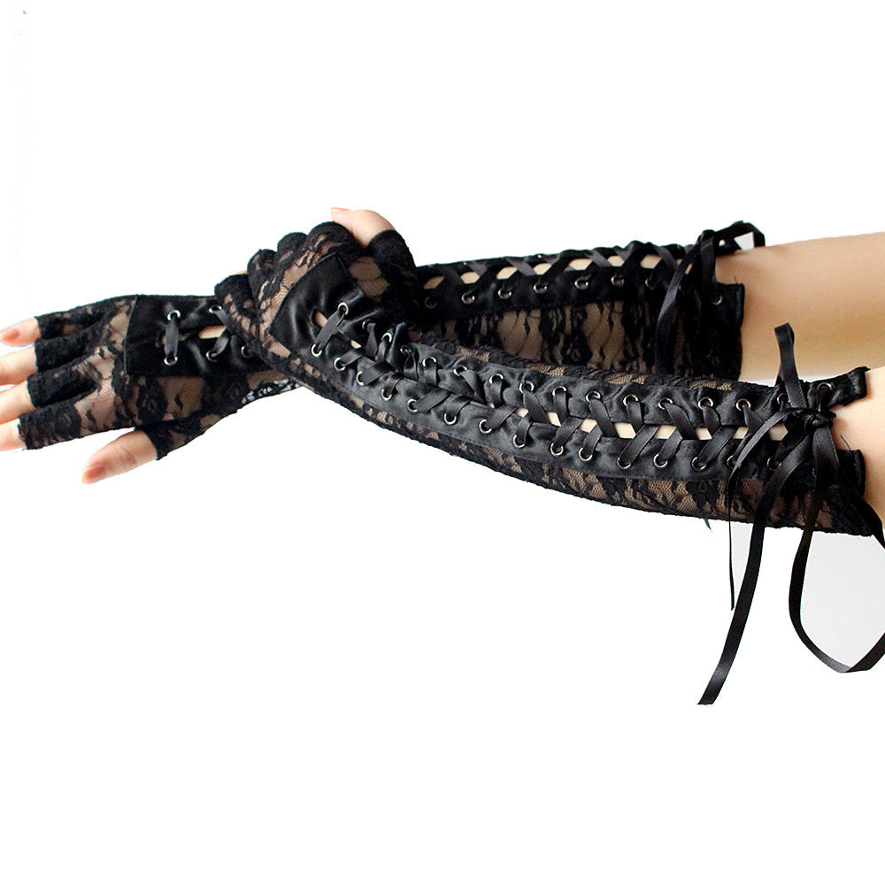 Long Half-Finger Lace Tie Ribbon Rivet Gloves