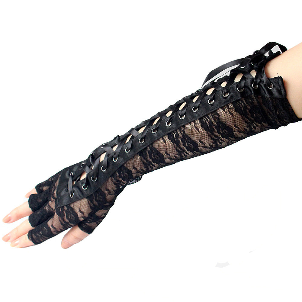 Long Half-Finger Lace Tie Ribbon Rivet Gloves