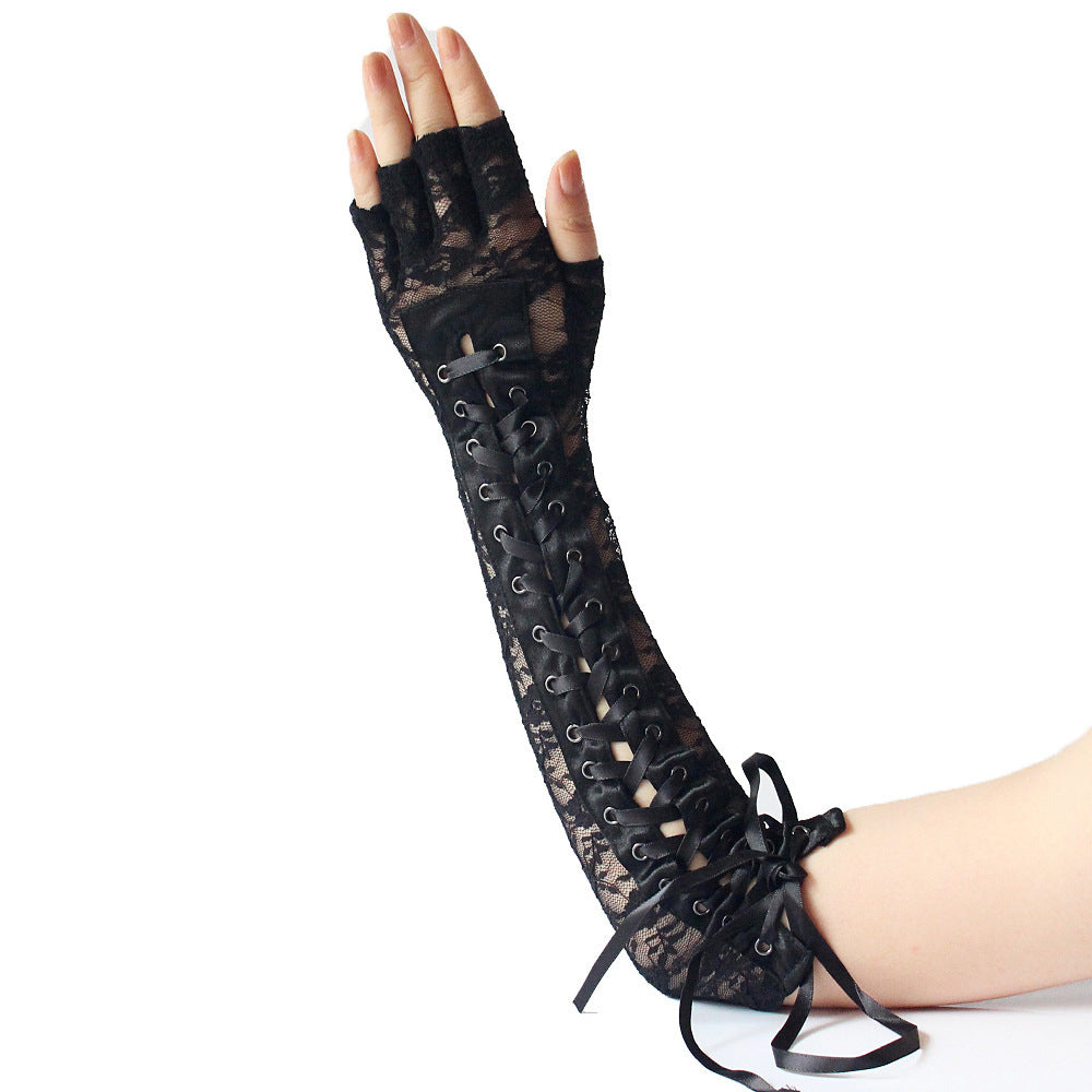 Long Half-Finger Lace Tie Ribbon Rivet Gloves