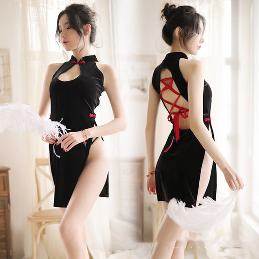 Gold Velvet Retro Cheongsam, Back Straps, Sexy Hollow Uniform