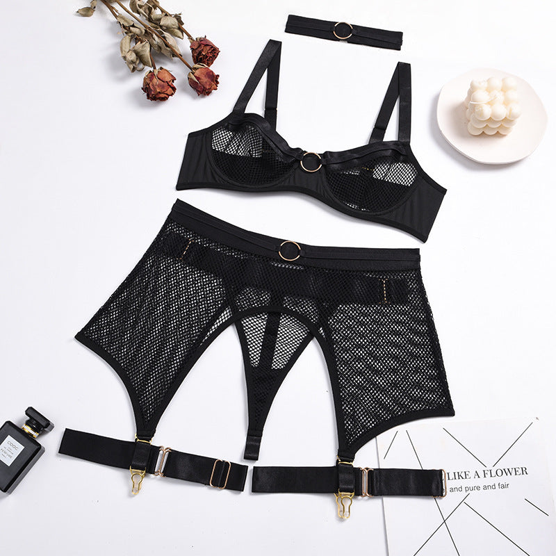 Four-Piece Mesh Iron Ring Stitching Collar Underwear