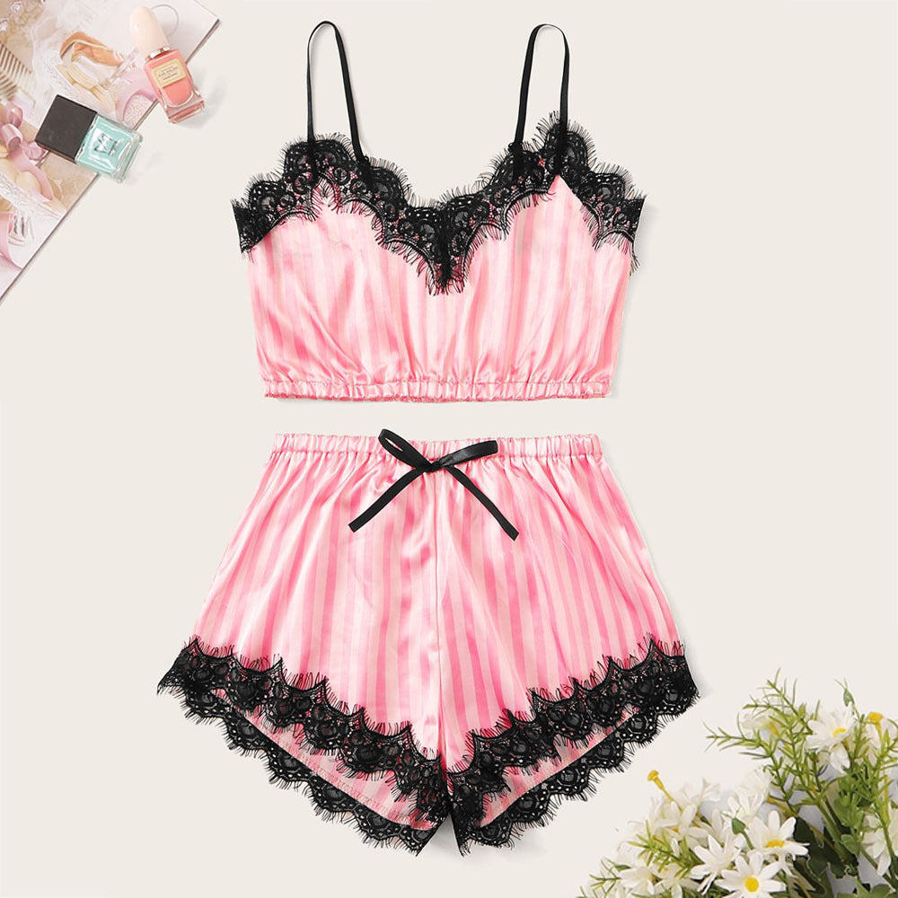 Satin Striped Pyjama Set Underwear Lace Sexy Bra Set