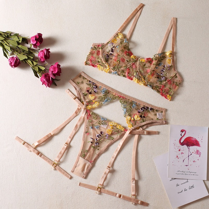 Yellow Pastoral Floral Bra Thong Garter Three piece Lingerie Set