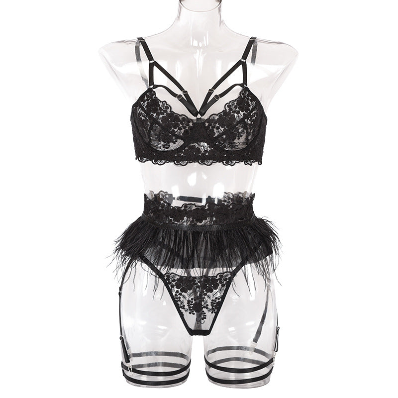 Erotic lace feather three piece suit underwear