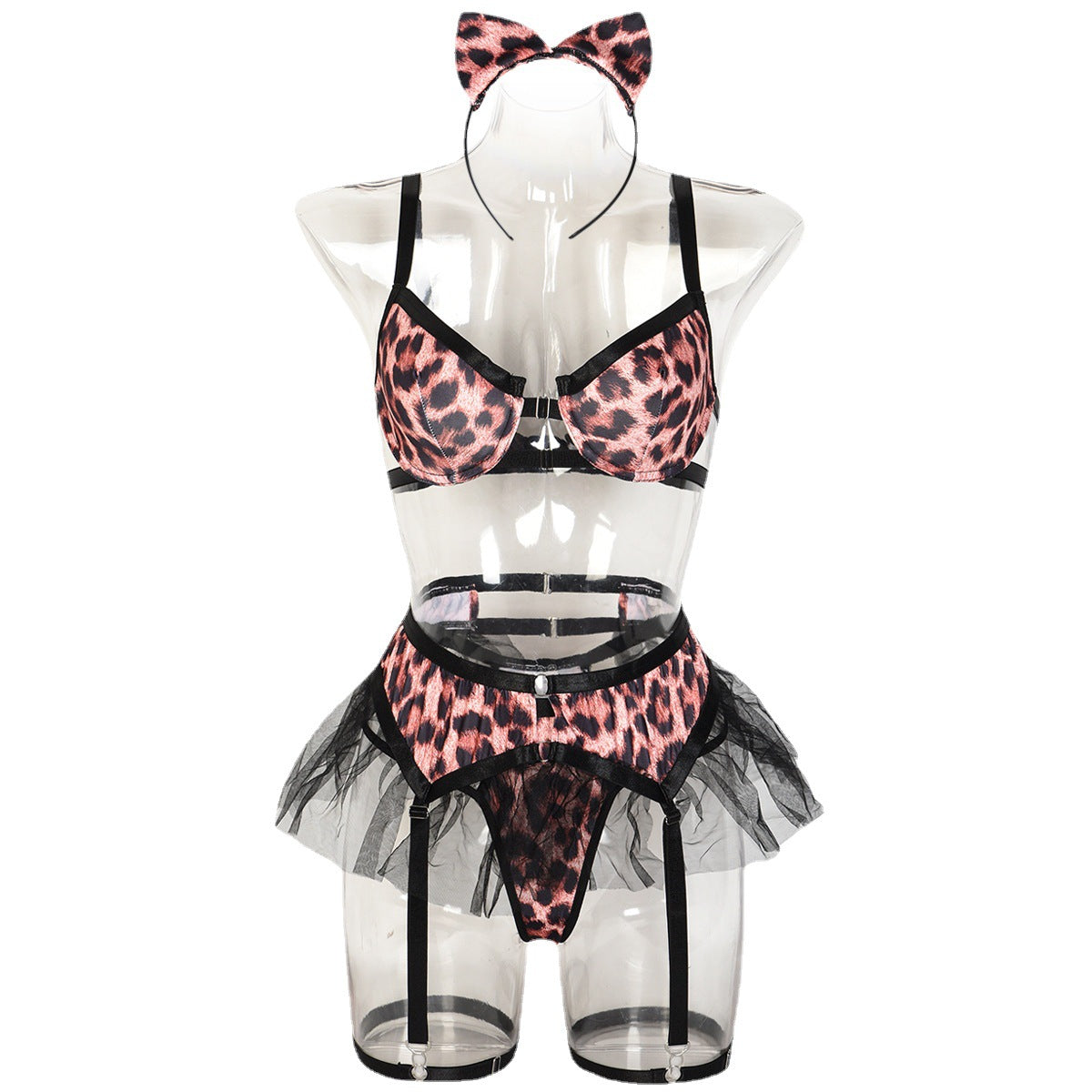 4-piece Leopard Print Mosaic Pettiskirt Underwear Set