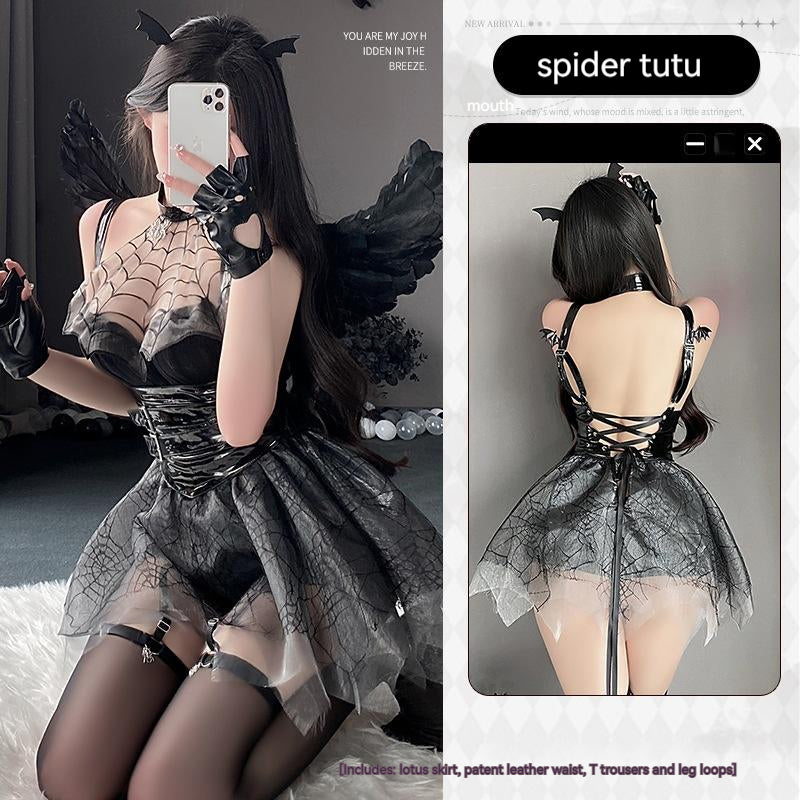 See-through Soft Yarn Spider Little Devil Patent Leather Girdle Uniform Suit