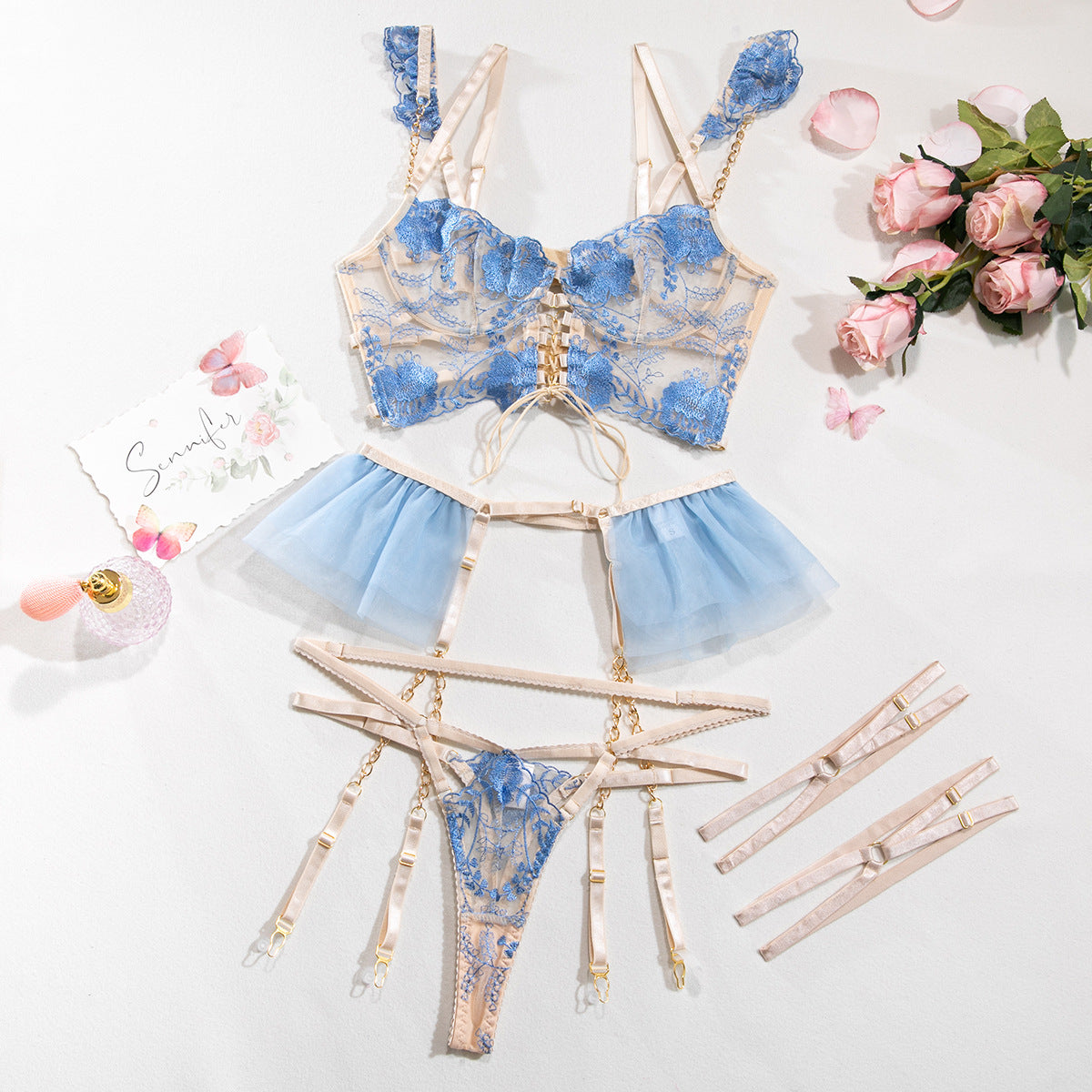 Underwear Embroidered Flower Gathered Cute Lanyard Four-piece Set