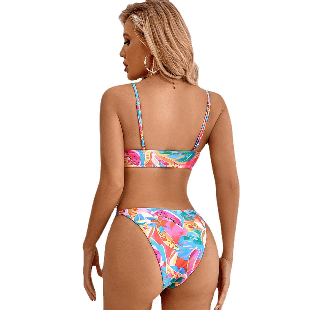 Sexy Bikini Color Split Beach Vacation Backless Bikini Gathered Swimsuit