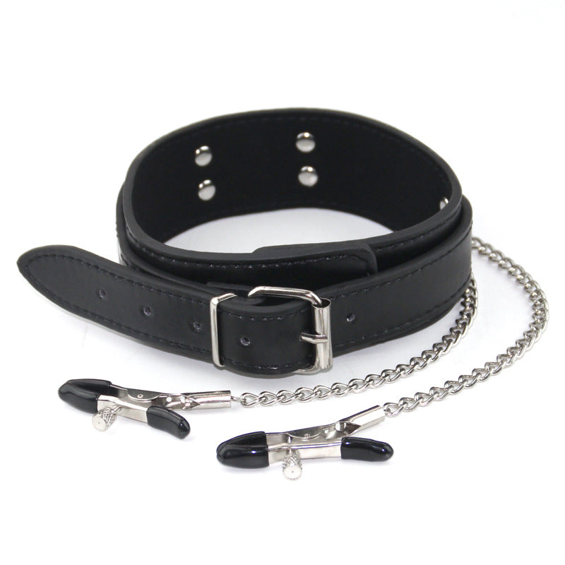 Leather Nipple Clamp Collar Iron Chain Traction Neck Scarf