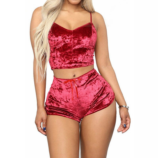 2pcs Velvet Sleepwear Silky Smooth Shorts Sleeveless Pyjama Set