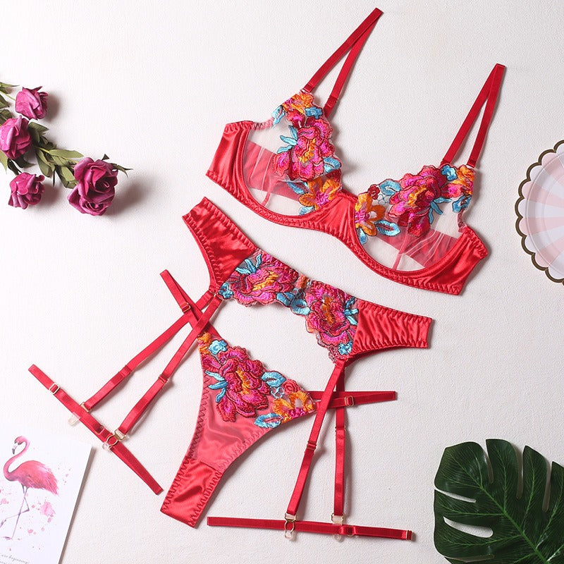 Embroidery Floral Bra Garter Thong Four-Piece Lingerie Set