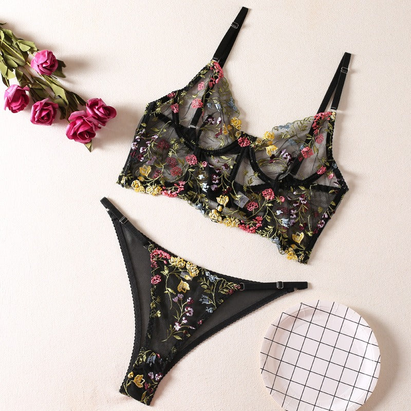 Black Floral Embroidery with Fishbone Steel Ring Vest Sling Bra Lingerie Set