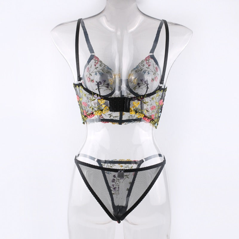 Black Floral Embroidery with Fishbone Steel Ring Vest Sling Bra Lingerie Set