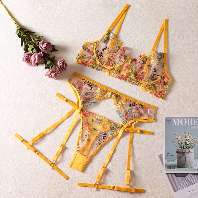 Yellow Pastoral Floral Bra Thong Garter Three piece Lingerie Set