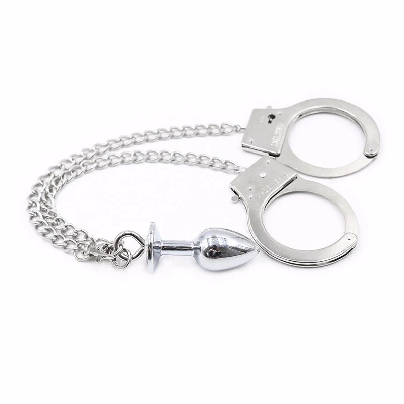 Metal Bondage Handcuffs Connect with Anal Plug