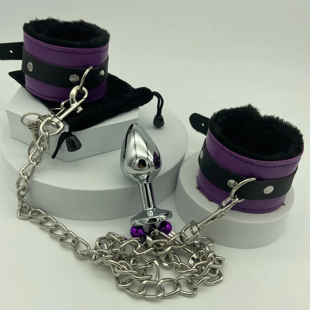 BDSM Adjustable Leather Handcuffs With Metal Anal Plug