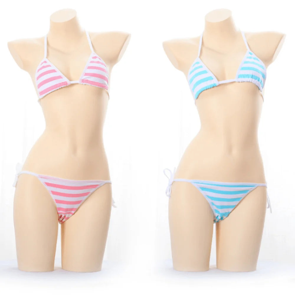 blue and white stripe Lace Up Bikini anime Cosplay swimsuit