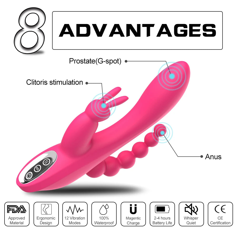 12 Speeds Waterproof Rechargeable Rabbit Vibrator G-spot and P-spot Anal Clit Stimulator Dildo