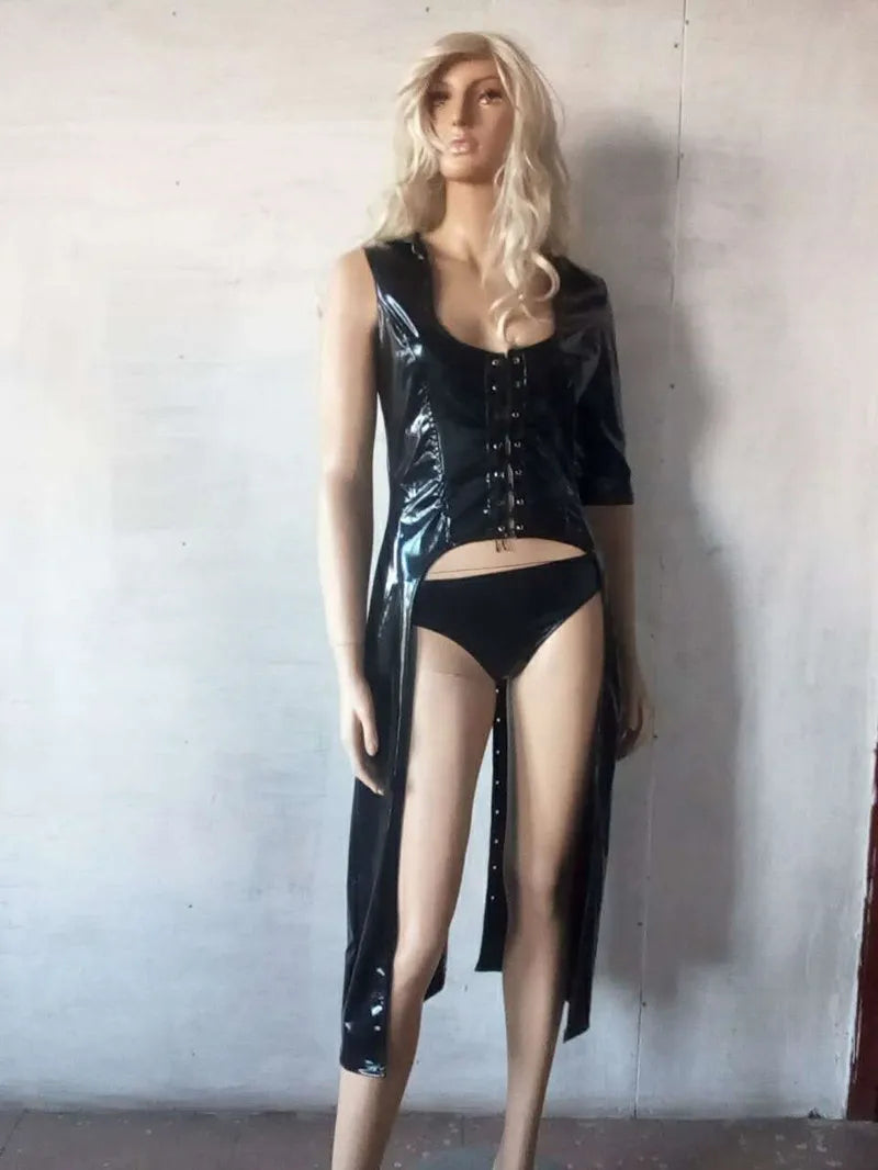 Sexy Black Wet Look Dress Catsuit PVC Patent Leather Bodysuit