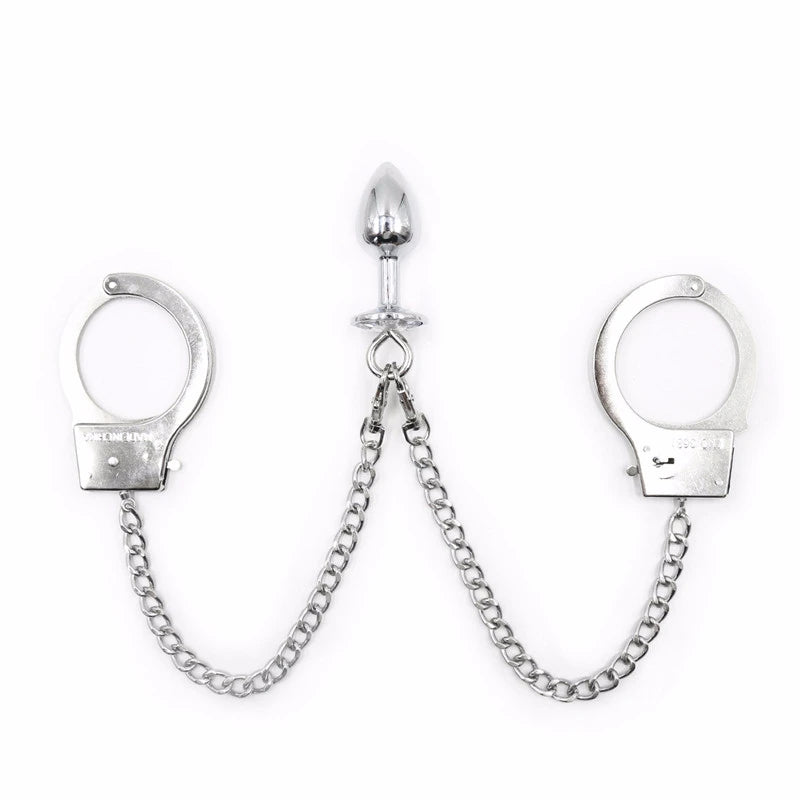 Metal Bondage Handcuffs Connect with Anal Plug