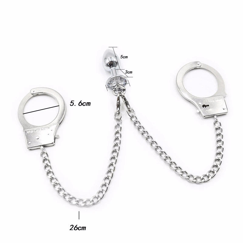 Metal Bondage Handcuffs Connect with Anal Plug