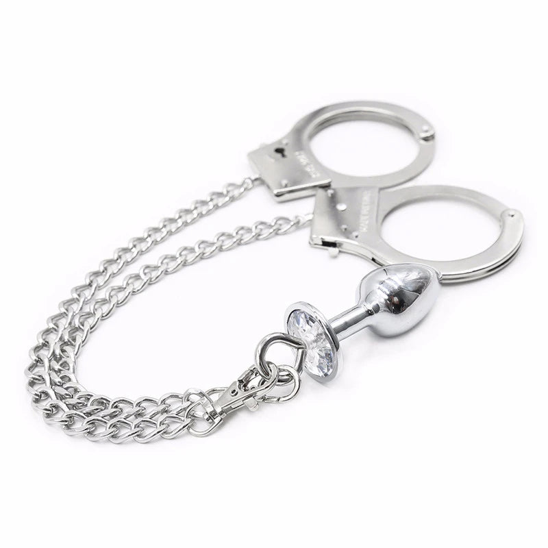 Metal Bondage Handcuffs Connect with Anal Plug