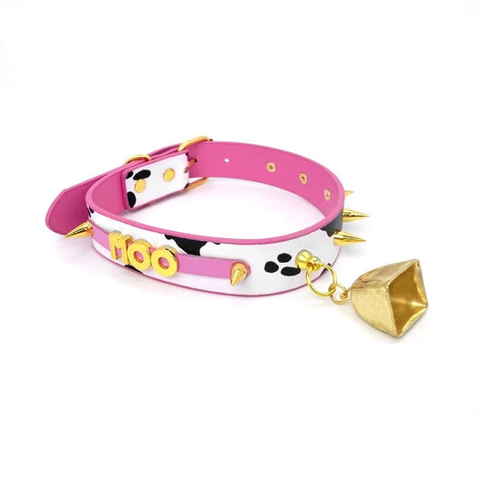 Cow Choker Collar PU Leather Cow Print Choker Bell Metal Studs