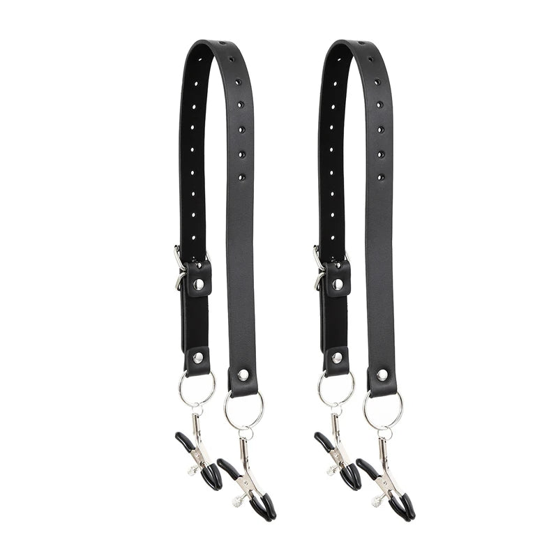 Black Leather Strap Harness Nipple Clamps Bdsm Slave Fetish Bondage Restraints Labia Clips