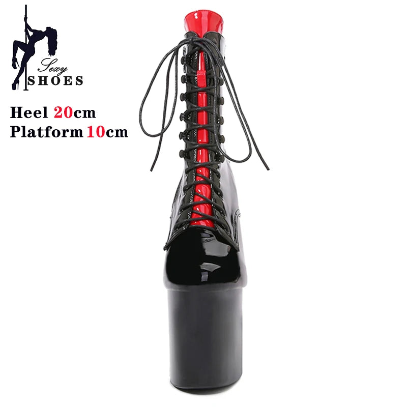 Women Ankle Boots 8 Inch High Heels  Fashion Gothic Fetish Queen Black Lacing Red Pole Dancing Boots