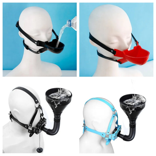 Fetish Toilet Funnel Open Mouth Gag Mask Hood PU Leather BDSM Funnel