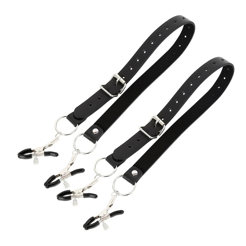 Black Leather Strap Harness Nipple Clamps Bdsm Slave Fetish Bondage Restraints Labia Clips