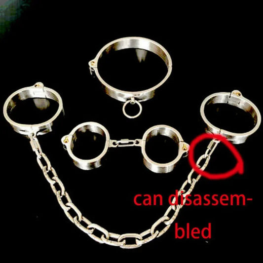 Stainless Steel Metal Neck Collar Handcuffs Ankle Cuffs Slave BDSM Bondage Set