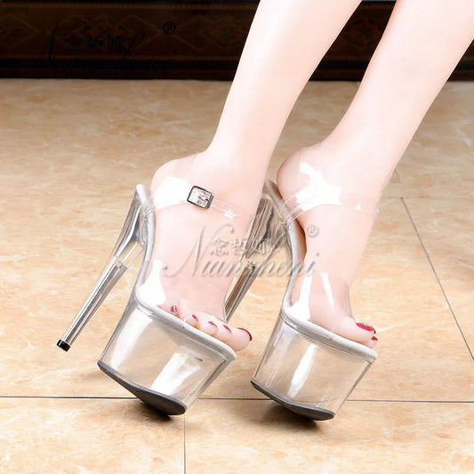 17cm Rransparent pole dance strips Exotic Dancer Women Sexy Fetish Shoes 7Inch High Heels Platform Open Toe Elegant Nightclub