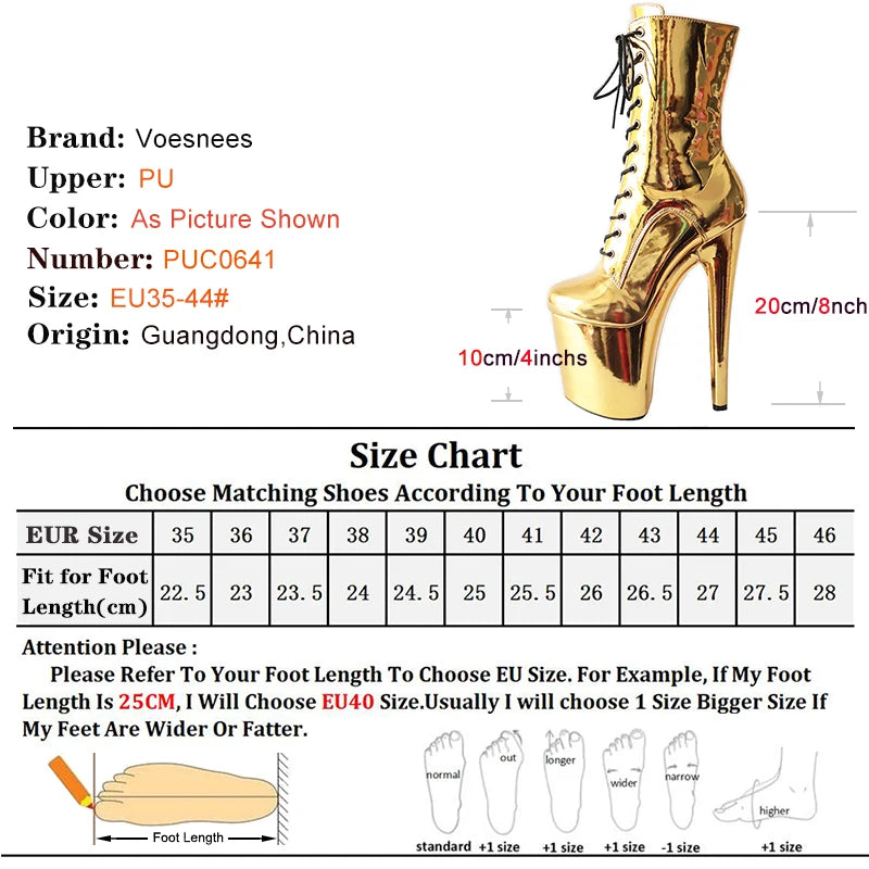 20cm/8Inch Golden Pole Dance Stripper Heels Ankle Boots Sexy Strappy Platform Women Shoes Super High Exotic Dancer Boot