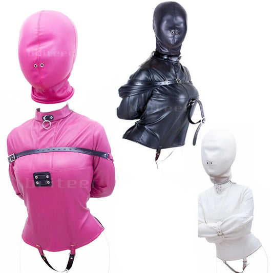 PU Leather Straitjacket Bondage Hood Mask BDSM Headgear Body Bondage