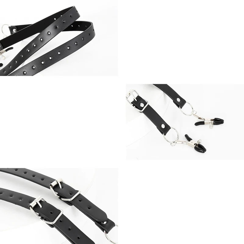 Black Leather Strap Harness Nipple Clamps Bdsm Slave Fetish Bondage Restraints Labia Clips