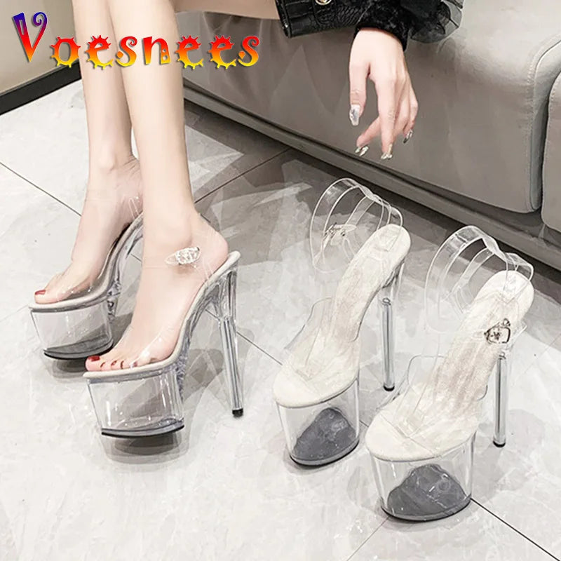 20CM PVC Anti-skid Pole Dance Pumps Women's Thin Heel Sexy Transparent Crystal Shoes Waterproof Platform 17CM High Heels Sandals