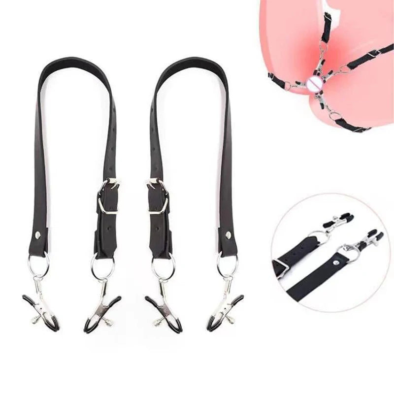 Black Leather Strap Harness Nipple Clamps Bdsm Slave Fetish Bondage Restraints Labia Clips