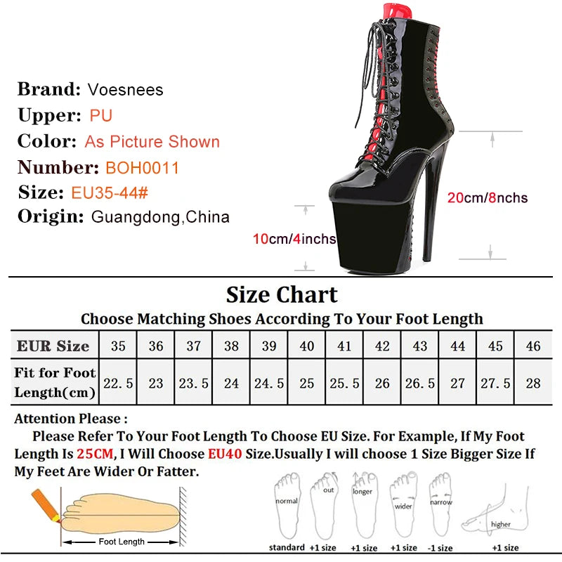 Women Ankle Boots 8 Inch High Heels  Fashion Gothic Fetish Queen Black Lacing Red Pole Dancing Boots