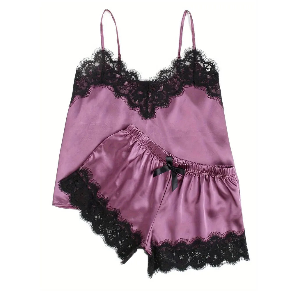 Sexy Satin Pajama Set Black Lace V-Neck Pyjamas