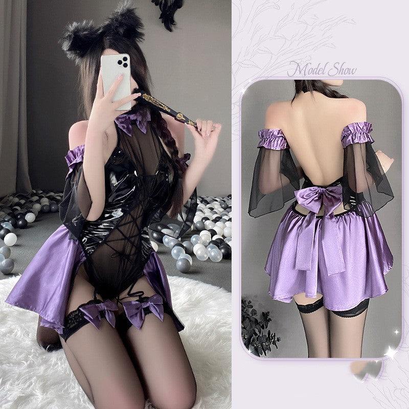 Erotic Purple & Black See-through Strapless Bodysuit