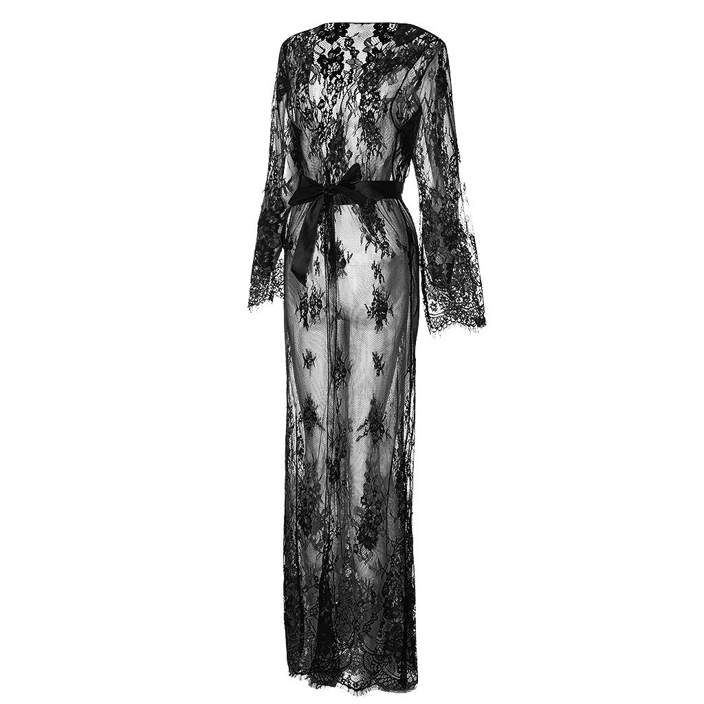 Simple Black Long Sleeve Lace Robe Dress