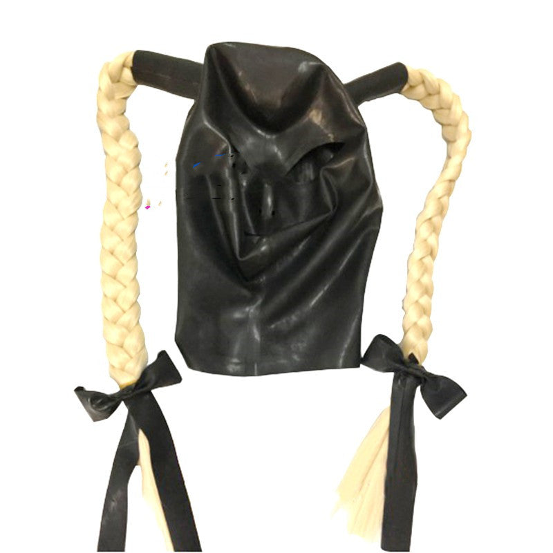 Black Latex Hood Mask With Wig Ponytails