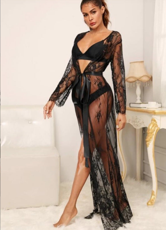 Simple Black Long Sleeve Lace Robe Dress